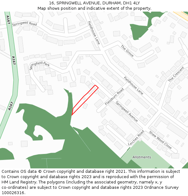 16, SPRINGWELL AVENUE, DURHAM, DH1 4LY: Location map and indicative extent of plot