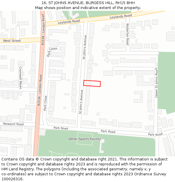 16, ST JOHNS AVENUE, BURGESS HILL, RH15 8HH: Location map and indicative extent of plot