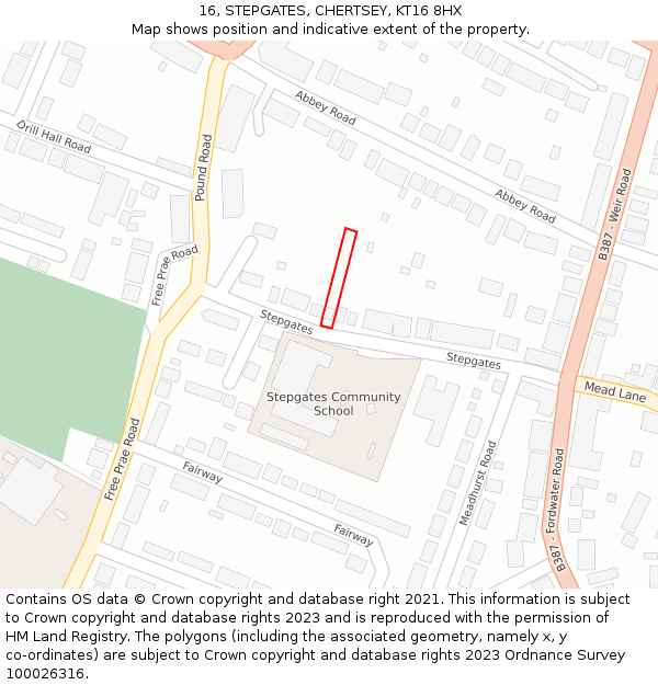 16, STEPGATES, CHERTSEY, KT16 8HX: Location map and indicative extent of plot