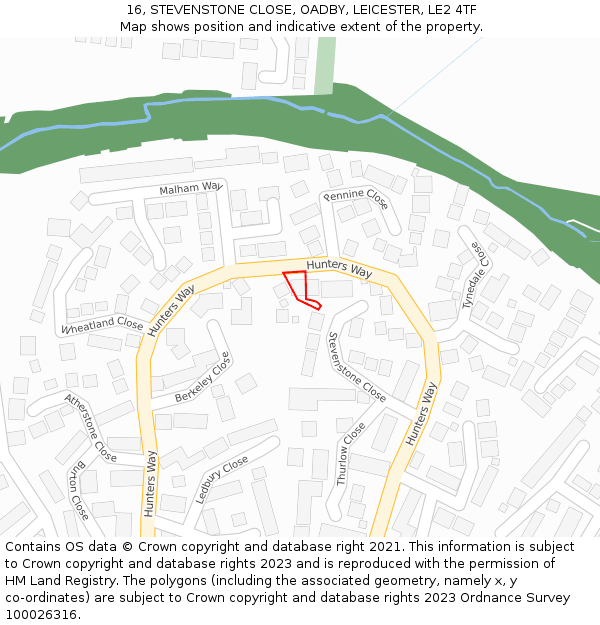 16, STEVENSTONE CLOSE, OADBY, LEICESTER, LE2 4TF: Location map and indicative extent of plot
