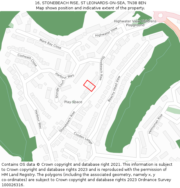 16, STONEBEACH RISE, ST LEONARDS-ON-SEA, TN38 8EN: Location map and indicative extent of plot