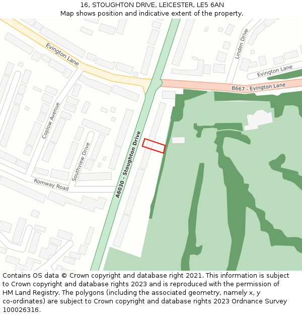 16, STOUGHTON DRIVE, LEICESTER, LE5 6AN: Location map and indicative extent of plot