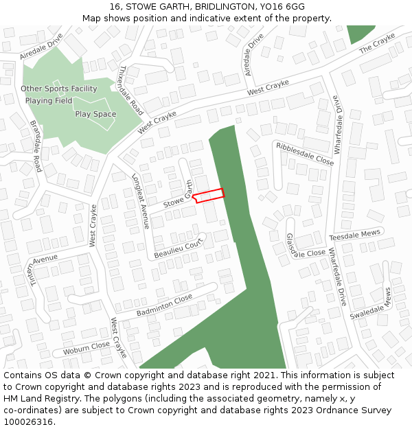 16, STOWE GARTH, BRIDLINGTON, YO16 6GG: Location map and indicative extent of plot