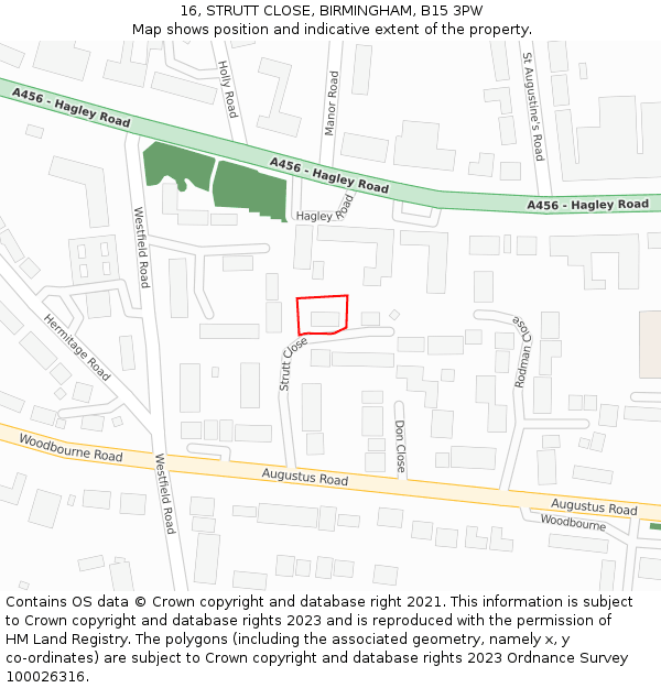 16, STRUTT CLOSE, BIRMINGHAM, B15 3PW: Location map and indicative extent of plot