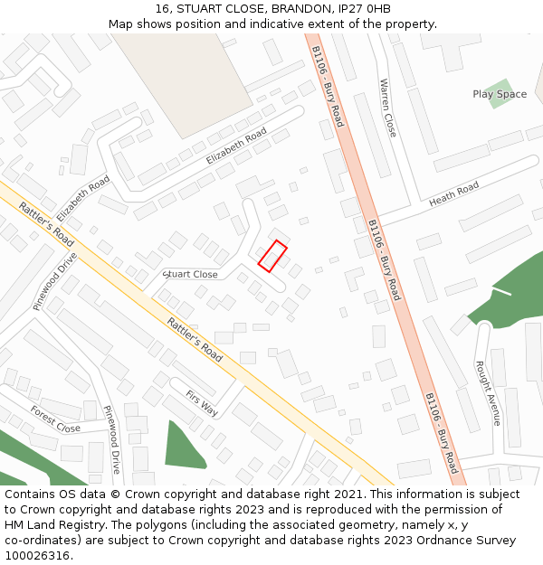 16, STUART CLOSE, BRANDON, IP27 0HB: Location map and indicative extent of plot