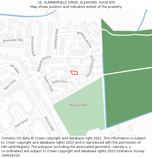 16, SUMMERFIELD DRIVE, SLEAFORD, NG34 8TX: Location map and indicative extent of plot