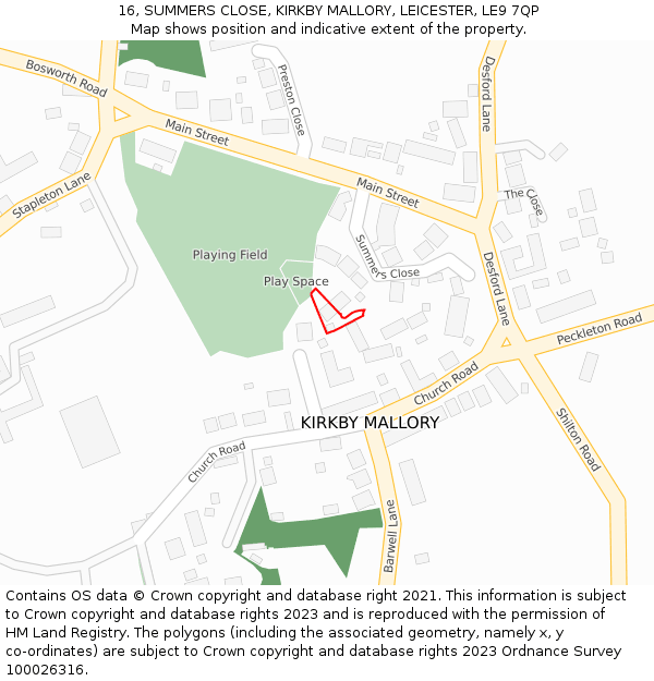 16, SUMMERS CLOSE, KIRKBY MALLORY, LEICESTER, LE9 7QP: Location map and indicative extent of plot