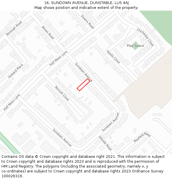 16, SUNDOWN AVENUE, DUNSTABLE, LU5 4AJ: Location map and indicative extent of plot