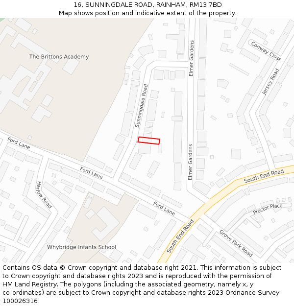 16, SUNNINGDALE ROAD, RAINHAM, RM13 7BD: Location map and indicative extent of plot