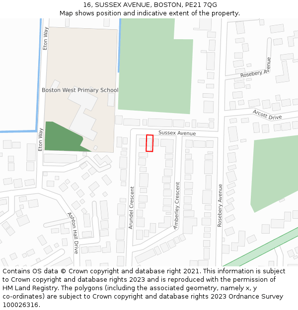 16, SUSSEX AVENUE, BOSTON, PE21 7QG: Location map and indicative extent of plot