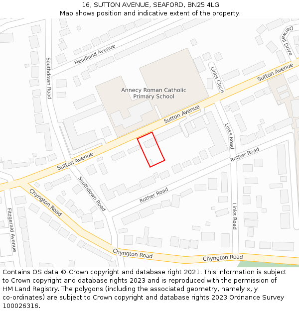 16, SUTTON AVENUE, SEAFORD, BN25 4LG: Location map and indicative extent of plot