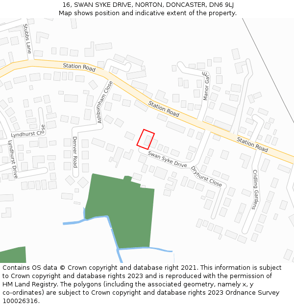 16, SWAN SYKE DRIVE, NORTON, DONCASTER, DN6 9LJ: Location map and indicative extent of plot