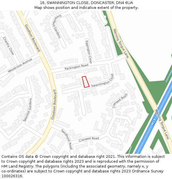 16, SWANNINGTON CLOSE, DONCASTER, DN4 6UA: Location map and indicative extent of plot