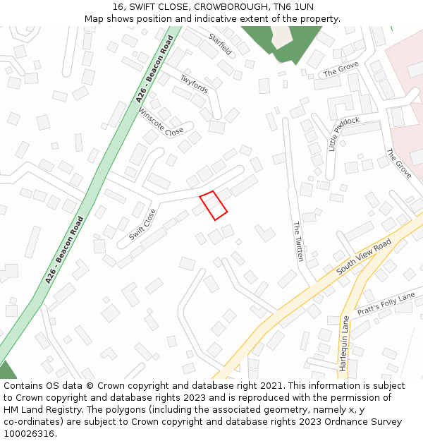 16, SWIFT CLOSE, CROWBOROUGH, TN6 1UN: Location map and indicative extent of plot