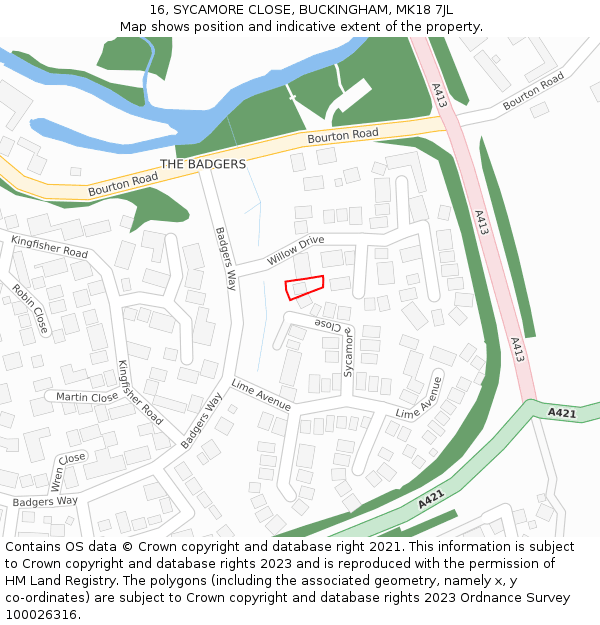 16, SYCAMORE CLOSE, BUCKINGHAM, MK18 7JL: Location map and indicative extent of plot