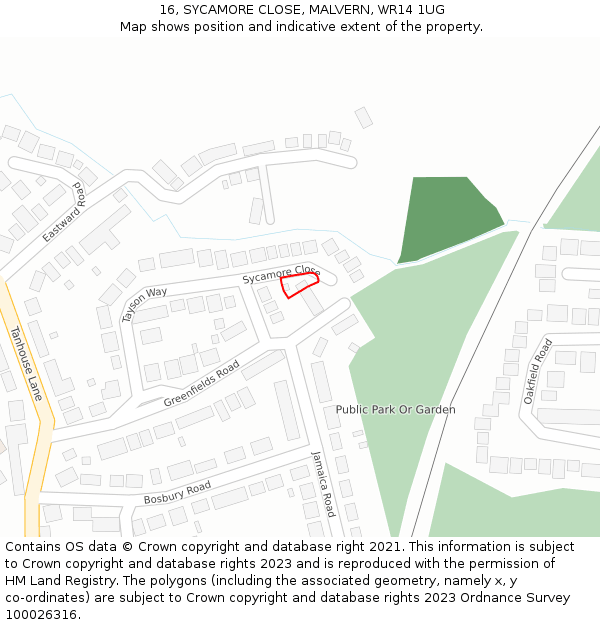 16, SYCAMORE CLOSE, MALVERN, WR14 1UG: Location map and indicative extent of plot
