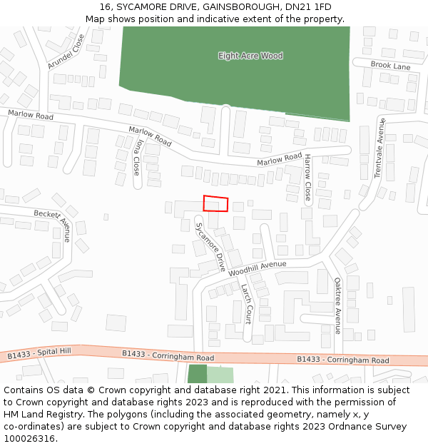 16, SYCAMORE DRIVE, GAINSBOROUGH, DN21 1FD: Location map and indicative extent of plot