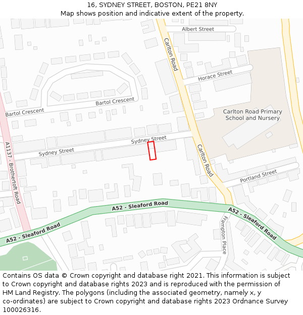 16, SYDNEY STREET, BOSTON, PE21 8NY: Location map and indicative extent of plot