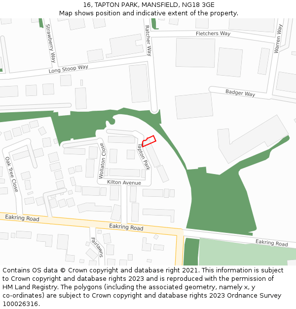 16, TAPTON PARK, MANSFIELD, NG18 3GE: Location map and indicative extent of plot