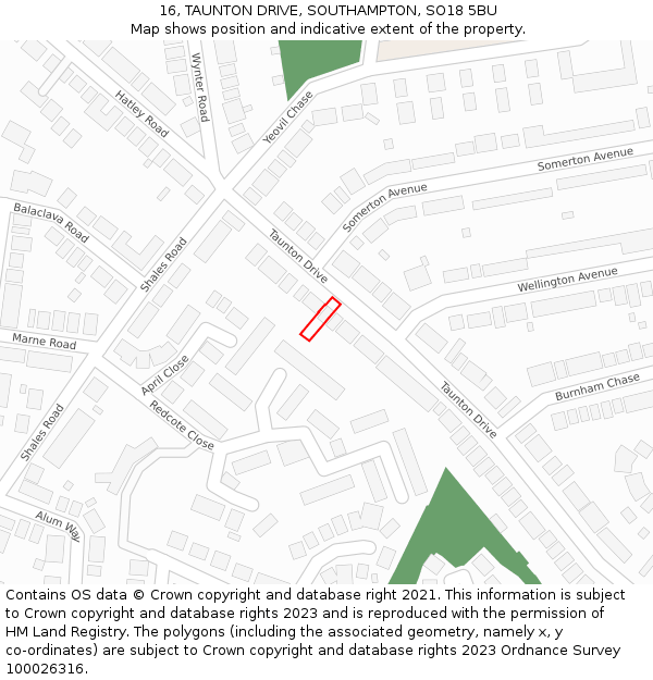 16, TAUNTON DRIVE, SOUTHAMPTON, SO18 5BU: Location map and indicative extent of plot