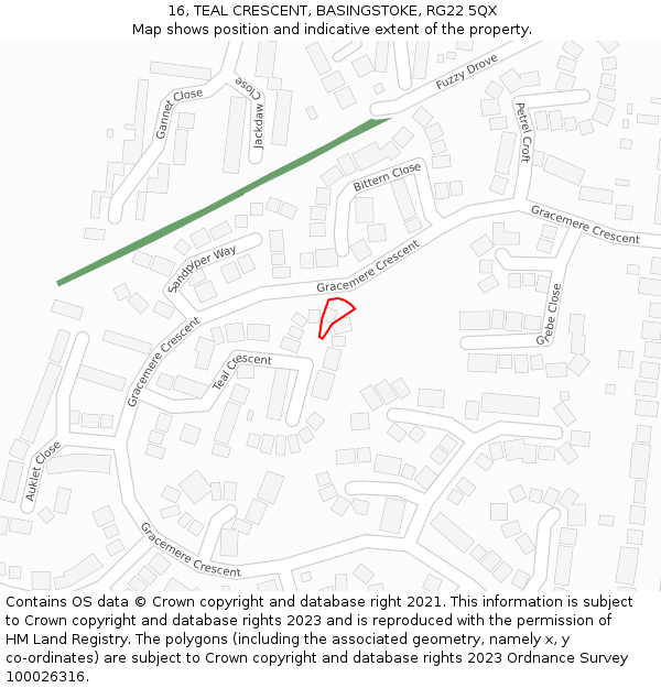 16, TEAL CRESCENT, BASINGSTOKE, RG22 5QX: Location map and indicative extent of plot