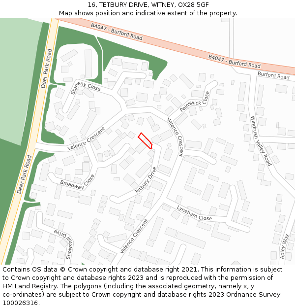 16, TETBURY DRIVE, WITNEY, OX28 5GF: Location map and indicative extent of plot