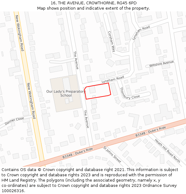 16, THE AVENUE, CROWTHORNE, RG45 6PD: Location map and indicative extent of plot