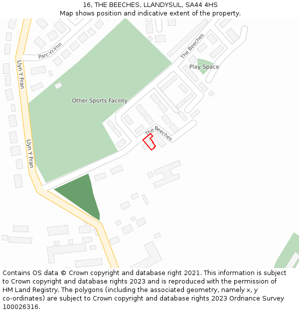 16, THE BEECHES, LLANDYSUL, SA44 4HS: Location map and indicative extent of plot