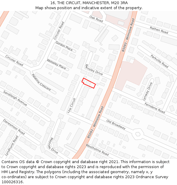 16, THE CIRCUIT, MANCHESTER, M20 3RA: Location map and indicative extent of plot