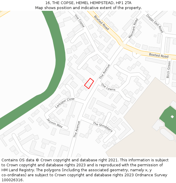 16, THE COPSE, HEMEL HEMPSTEAD, HP1 2TA: Location map and indicative extent of plot