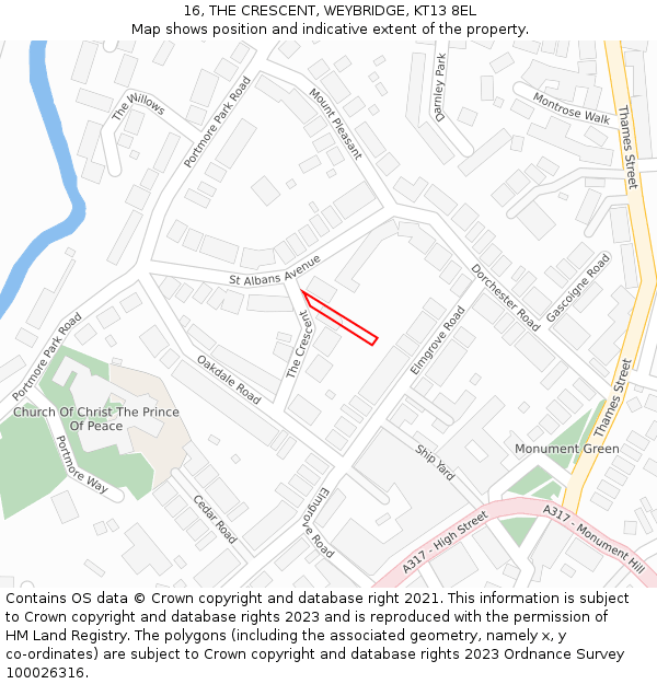 16, THE CRESCENT, WEYBRIDGE, KT13 8EL: Location map and indicative extent of plot