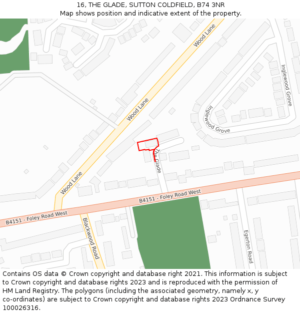 16, THE GLADE, SUTTON COLDFIELD, B74 3NR: Location map and indicative extent of plot