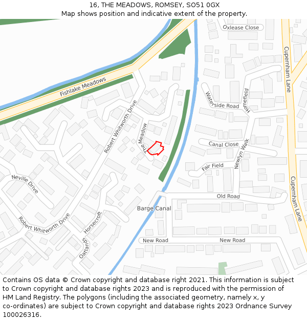 16, THE MEADOWS, ROMSEY, SO51 0GX: Location map and indicative extent of plot