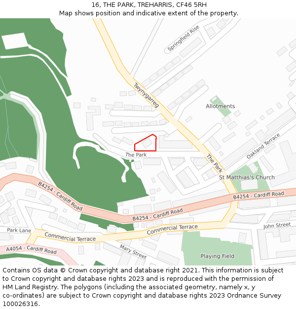 16, THE PARK, TREHARRIS, CF46 5RH: Location map and indicative extent of plot