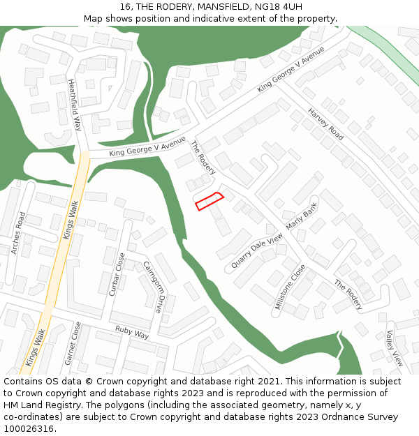 16, THE RODERY, MANSFIELD, NG18 4UH: Location map and indicative extent of plot