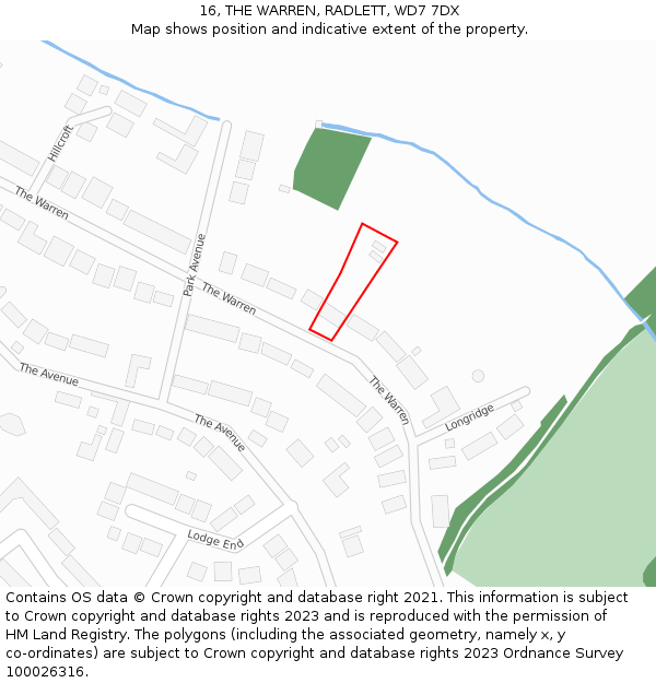 16, THE WARREN, RADLETT, WD7 7DX: Location map and indicative extent of plot