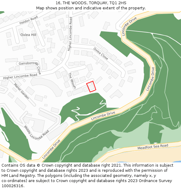 16, THE WOODS, TORQUAY, TQ1 2HS: Location map and indicative extent of plot