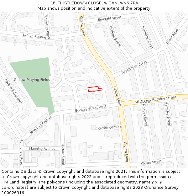 16, THISTLEDOWN CLOSE, WIGAN, WN6 7PA: Location map and indicative extent of plot