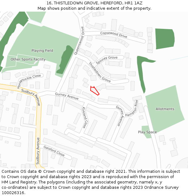 16, THISTLEDOWN GROVE, HEREFORD, HR1 1AZ: Location map and indicative extent of plot