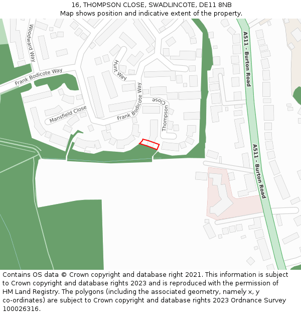 16, THOMPSON CLOSE, SWADLINCOTE, DE11 8NB: Location map and indicative extent of plot