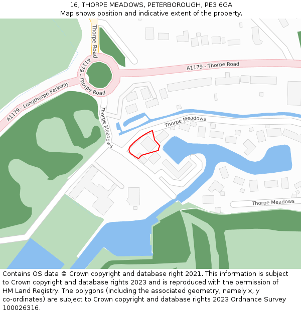 16, THORPE MEADOWS, PETERBOROUGH, PE3 6GA: Location map and indicative extent of plot