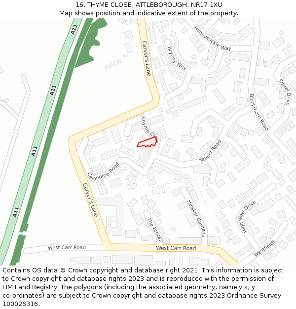 16, THYME CLOSE, ATTLEBOROUGH, NR17 1XU: Location map and indicative extent of plot