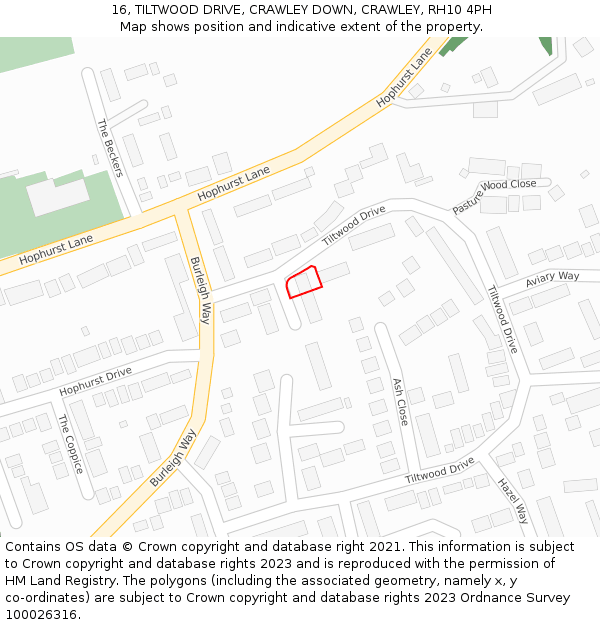 16, TILTWOOD DRIVE, CRAWLEY DOWN, CRAWLEY, RH10 4PH: Location map and indicative extent of plot