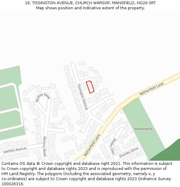 16, TISSINGTON AVENUE, CHURCH WARSOP, MANSFIELD, NG20 0RT: Location map and indicative extent of plot