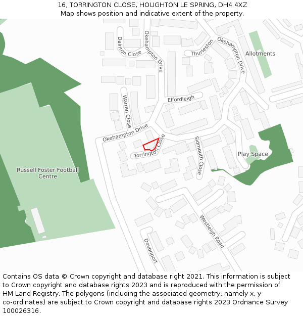 16, TORRINGTON CLOSE, HOUGHTON LE SPRING, DH4 4XZ: Location map and indicative extent of plot