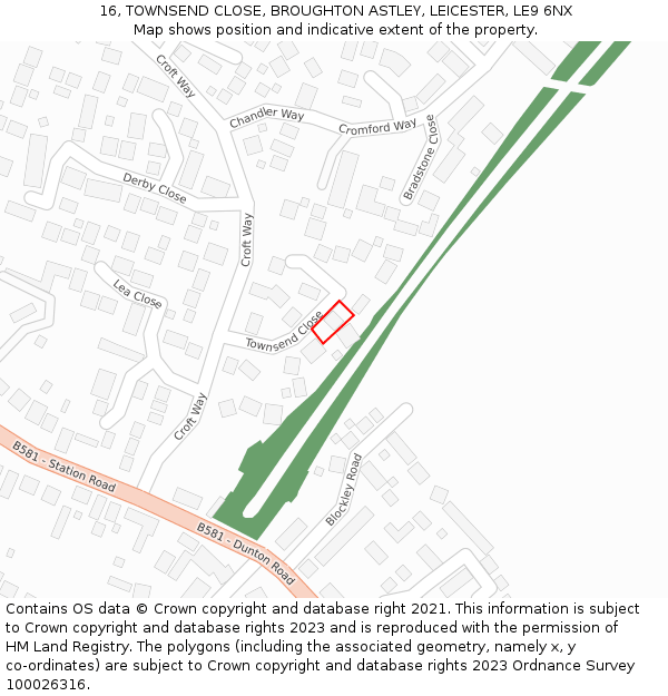 16, TOWNSEND CLOSE, BROUGHTON ASTLEY, LEICESTER, LE9 6NX: Location map and indicative extent of plot