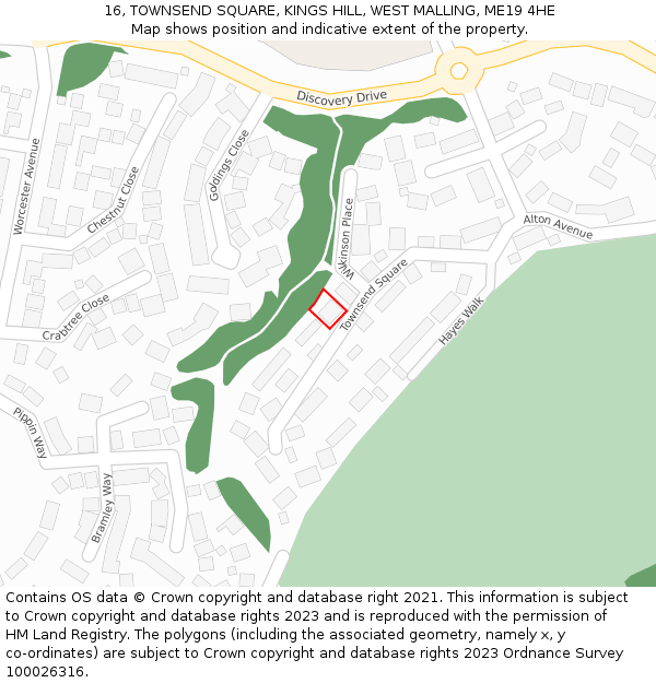 16, TOWNSEND SQUARE, KINGS HILL, WEST MALLING, ME19 4HE: Location map and indicative extent of plot