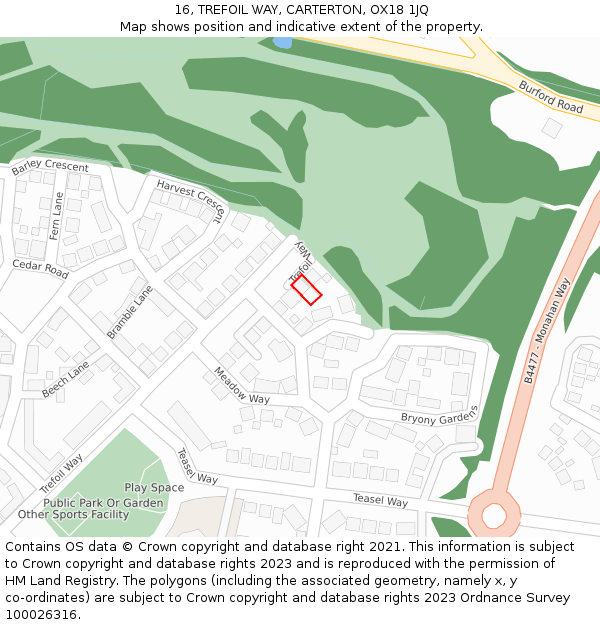 16, TREFOIL WAY, CARTERTON, OX18 1JQ: Location map and indicative extent of plot