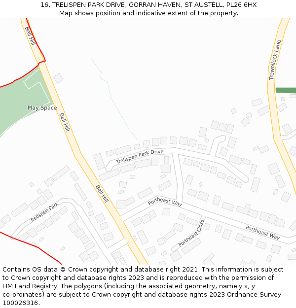 16, TRELISPEN PARK DRIVE, GORRAN HAVEN, ST AUSTELL, PL26 6HX: Location map and indicative extent of plot