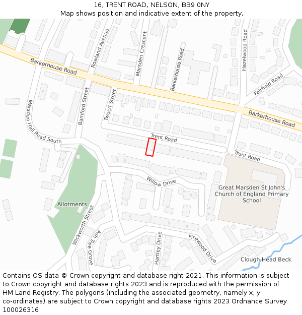 16, TRENT ROAD, NELSON, BB9 0NY: Location map and indicative extent of plot